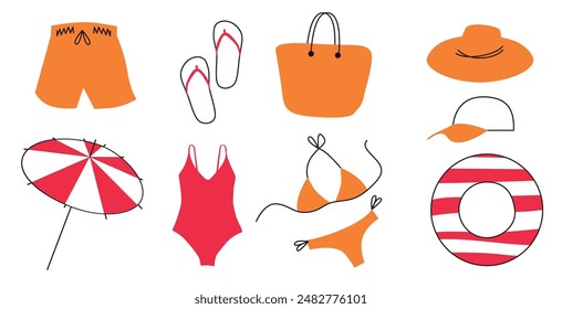 clothes and accessories set for beach: swimsuit, shorts, baseball cap, hat, flip-flops, bag, umbrella, lifebuoy. simple trend style illustration isolated on white for poster, banner, flyer, invitation