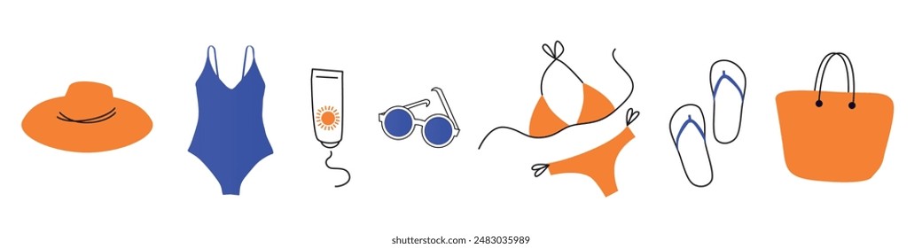 clothes and accessories set for beach: swimsuit, bikini, hat, flip-flops, bag, sunscreen, sunglasses. simple trend style illustration isolated on white for poster, banner, flyer, invitation