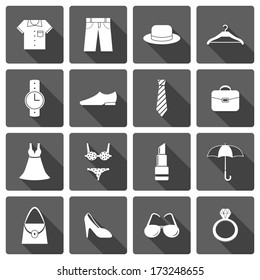 Clothes accessories shoes icons set of lipstick umbrella hanger and brassiere isolated vector illustration