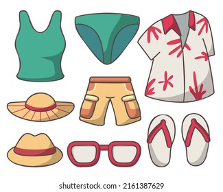 Clothes And Accessories Summer Fashion Icon Set For Woman And Man In Swiming,  Sombrero,  And Short, Drawing Cartoon Style, Vector Illustration