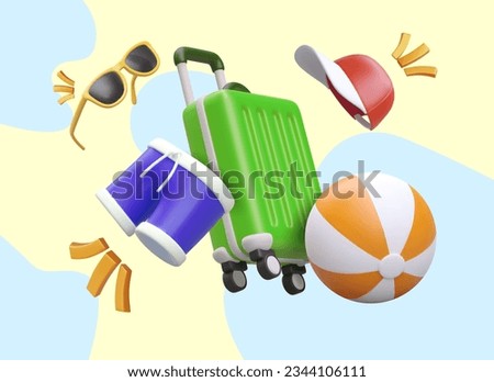 Clothes and accessories for summer vacation. Bright composition of floating 3D objects. Beach ball, sunglasses, shorts, cap, luggage. Time to rest. Vacation near sea, ocean