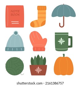 Clothes and accessories winter Fashion icon set with knitted warm sweater, hats, gloves, scarves, boots in drawing cartoon style, vector illustration