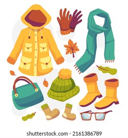 Clothes and accessories winter Fashion icon set with knitted warm sweater, hats, gloves, scarves, boots in drawing cartoon style, vector illustration