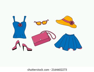 Clothes and accessories are women's summer bright. Set of multicolored skirt, bag, shoes, sunglasses and hat in doodle style. Vector illustration. Isolated background.