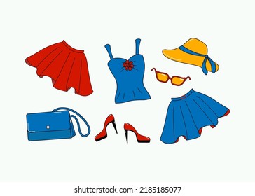 Clothes and accessories are women's summer bright. Set of multicolored skirt, bag, shoes, sunglasses and hat in doodle style. Vector illustration. Isolated background.