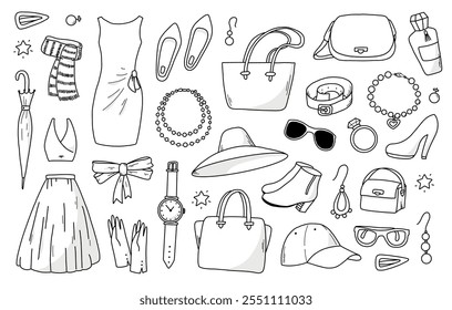 Clothes and accessorize doodles set, fashion collection for prints, social media decor, banners, signs, cards, stickers, planners, etc. EPS 10