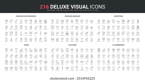 Clothes and accessory of fashion store, online shopping, ecommerce line icon set. Guide to measure body and head, foot size, makeup and beauty tools thin black outline symbols vector illustration