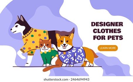 Clothes for animals poster. Apparel designer for cats and dogs. T shirts for domestic animals. Animal fashion trends, style and elegance. Landing webpage design. Flat vector illustration