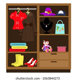 Clothes and apparel are in the wardrobe.