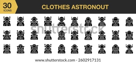 Clothes Astronomy solid icon set. Includes astronaut, space, character, helmet, planet, spaceman, and More. Solid icons vector collection.
