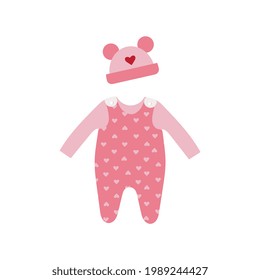 Clothes for babies bodysuit with a hat. Flat style illustration.
