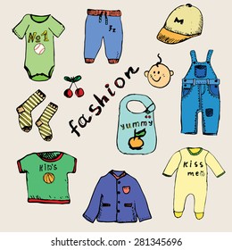 Clothes for baby boy set hand drawn sketch, colored and outlined.