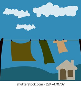 clothes background clothesline outdoor with mountain sky white clouds in the countryside nature