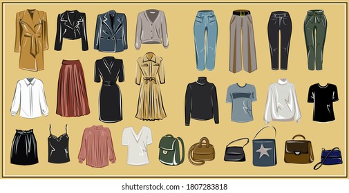 Clothes and bags. Coats, dresses, skirts, blouses, trousers, jeans, backpack, briefcase, handbags. Fashion. The basic wardrobe of a minimalist. Autumn clothes. Set. Isolated vector object.