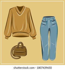Clothes and bags. Coats, dresses, skirts, blouses, trousers, jeans, backpack, briefcase, handbags. Fashion. The basic wardrobe of a minimalist. Autumn clothes. Set. Isolated vector object.