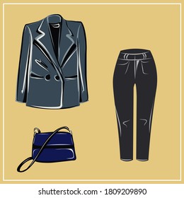 Clothes and bags. Coats, dresses, skirts, blouses, trousers, jeans, backpack, briefcase, handbags. Fashion. The basic wardrobe of a minimalist. Autumn clothes. Set. Isolated vector object.