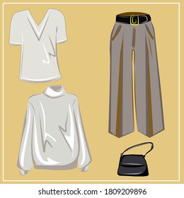 Clothes and bags. Coats, dresses, skirts, blouses, trousers, jeans, backpack, briefcase, handbags. Fashion. The basic wardrobe of a minimalist. Autumn clothes. Set. Isolated vector object.