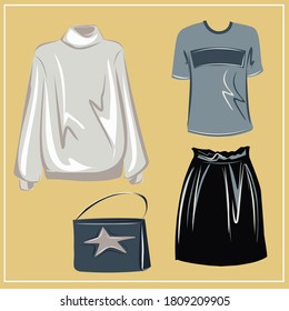 Clothes and bags. Coats, dresses, skirts, blouses, trousers, jeans, backpack, briefcase, handbags. Fashion. The basic wardrobe of a minimalist. Autumn clothes. Set. Isolated vector object.