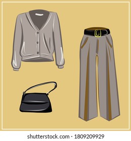 Clothes and bags. Coats, dresses, skirts, blouses, trousers, jeans, backpack, briefcase, handbags. Fashion. The basic wardrobe of a minimalist. Autumn clothes. Set. Isolated vector object.