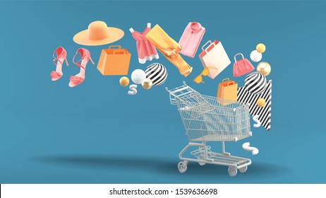 Clothes, bags, high heels, shopping bags and hats floated down to the shopping cart.
 - Shutterstock ID 1539636698