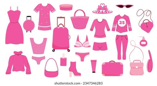 Ropa, bolsas, pantalones, vestidos, zapatos, gafas, cremas, polvo, perfume, ropa interior, traje de baño, suéter de muñecas de color rosa. Juego de Barbiecore. Ilustración de material vectorial. aislado. Fondo blanco. Estilo plano.