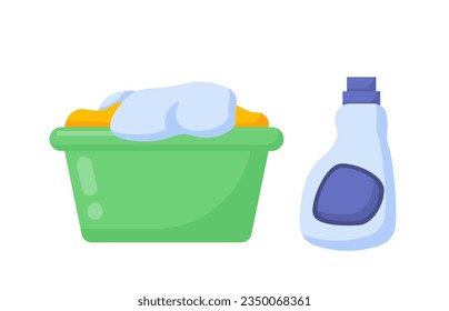 Clothes in basket concept. Laundry and hygiene, household chores. Basket with dirty clothes and detergent for cleaning. Cartoon flat vector collection isolated on white background