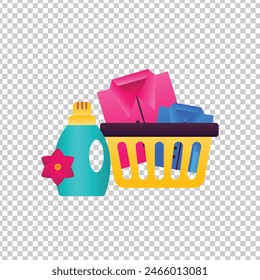 Clothes basket and fabric softener bottle illustration. Laundry or homework concept icon vector in vibrant colors.