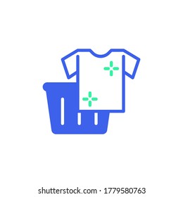Vector de ícono de la cesta de ropa, letrero llano relleno, cesta de ropa y pictograma bicolor de camisa, colores verde y azul. Símbolo, ilustración de logotipo
