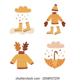 Clothes, boots, rain, umbrella. Hello Autumn vector set. Autumn greeting card, banner, poster or calendar template. Autumn seasonal background.