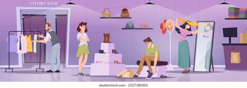 Clothes boutique. Fashion characters in retail market exact vector background in various concept scenes
