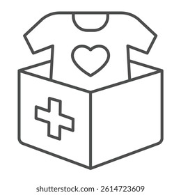 Clothes box, shirt with heart thin line icon, charity concept. Vector graphics. Humanitarian aid box, donation sign on white background, linear style icon for mobile or web design