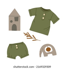 Clothes for boys and girls, things for newborns, toys for children. Vector illustration in boho style on a white background for your design.