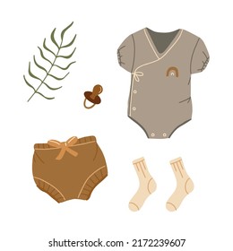 Clothes for boys and girls, things for newborns, toys for children. Vector illustration in boho style on a white background for your design.