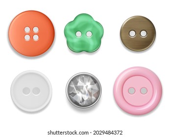 Clothes buttons. Fabric textile sewing items buttons with thread decent vector realistic collection illustrations for tailor business