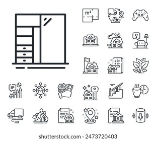 Cartel del armario de ropa. Iconos de contorno de Plan de planta, escaleras y salón. Icono de línea del portapapeles. Armario o símbolo de armario deslizante. Signo de línea de armario. Hipoteca de la casa, vender icono del edificio. Vector