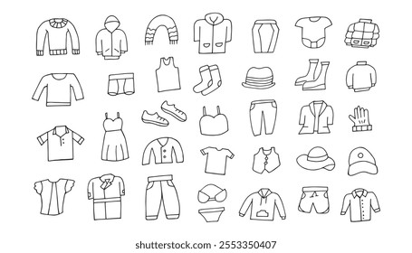 clothes. a cap. sweater. warm clothes for winter. scarf. gloves. T-shirt. shorts. socks. sneakers. put on clothes. doodle style. vector. a set of clothes.