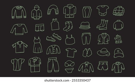 ropa. una gorra. suéter. ropa de abrigo para el invierno. bufanda. guantes. Camiseta. pantalones cortos. calcetines. zapatillas. ropa. estilo doodle. Vector. un conjunto de prendas.