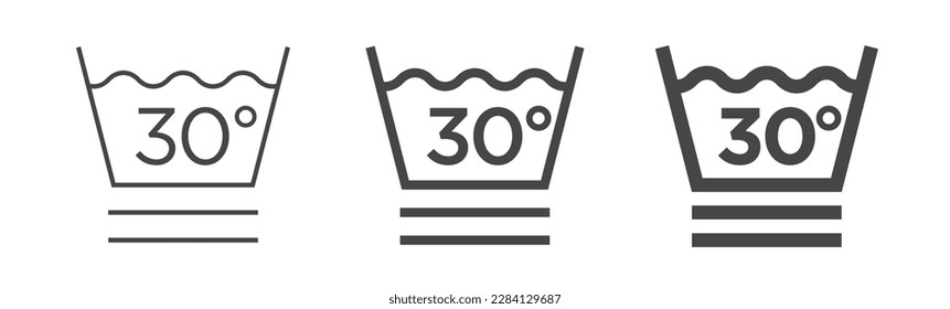 Clothes care icon, 30 degrees MILD FINE WASH. International marking of fabric on the label. Set of washing symbol of different thickness.