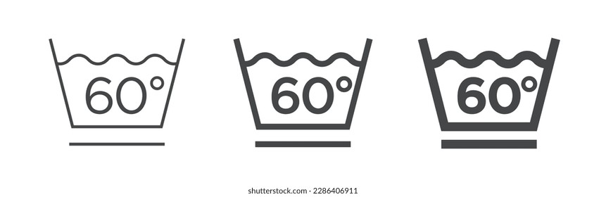 Clothes care icon, 60 degrees MILD WASH. International marking of fabric on the label. Set of washing symbol of different thickness.