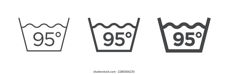 Icono de cuidado de la ropa, 95 grados BOIL WASH. Marca internacional de tela en la etiqueta. Conjunto de símbolos de lavado de diferente espesor.