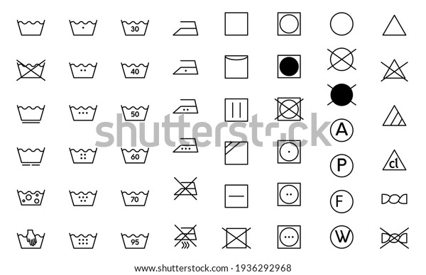 Clothes care icon set.\
Laundry symbols, black monochrome vector illustration isolated on\
white.