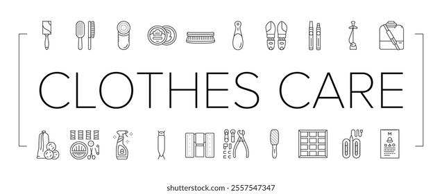 clothes care laundry ironing icons set vector. folding washing, drying stain, detergent fabric, softener, bleach, hangers steam clothes care laundry ironing black contour illustrations