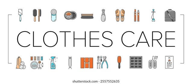 clothes care laundry ironing icons set vector. folding washing, drying stain, detergent fabric, softener, bleach, hangers steam clothes care laundry ironing color line illustrations