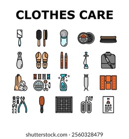 clothes care laundry ironing icons set vector. folding washing, drying stain, detergent fabric, softener, bleach, hangers steam clothes care laundry ironing color line illustrations