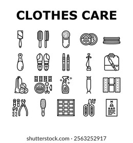 clothes care laundry ironing icons set vector. folding washing, drying stain, detergent fabric, softener, bleach, hangers steam clothes care laundry ironing black contour illustrations