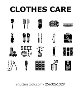 clothes care laundry ironing icons set vector. folding washing, drying stain, detergent fabric, softener, bleach, hangers steam clothes care laundry ironing glyph pictogram Illustrations