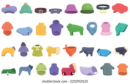 Clothes for cats and dogs icons set cartoon vector. Animal shop. Collar pet