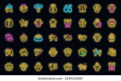 Clothes for cats and dogs icons set outline vector. Pet care. Animal shop neon color on black