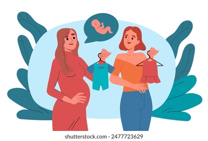 Clothes for child. Mother picks out things for newborn. Woman gives baby clothes to her pregnant friend. Motherhood and child care. Cartoon flat vector illustration isolated on white background