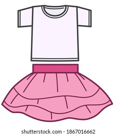 Clothes for children, isolated costume set of shirt top and skirt. Girlish clothing for special occasions. Dance outfit for toddler apparel. Pink suit trendy look for celebration. Vector in flat style